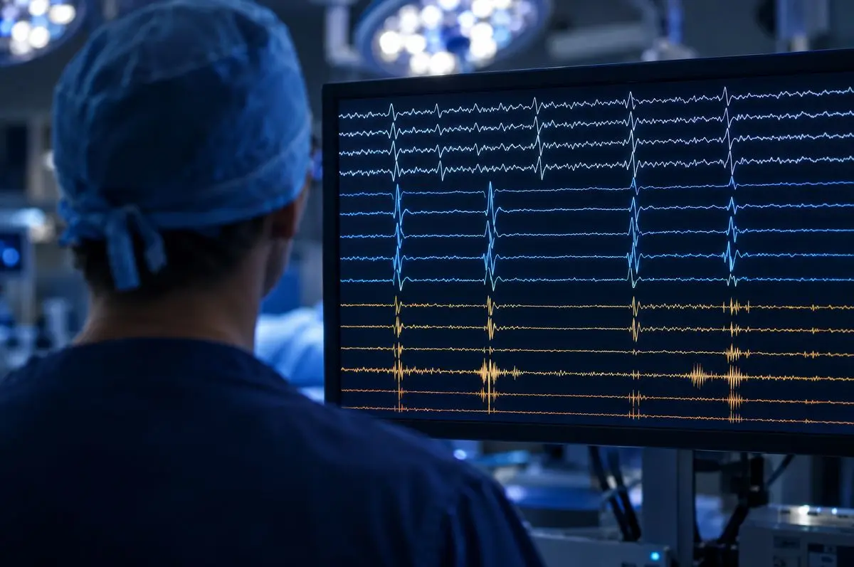 Clinician watching neurophysiological waveforms during surgery