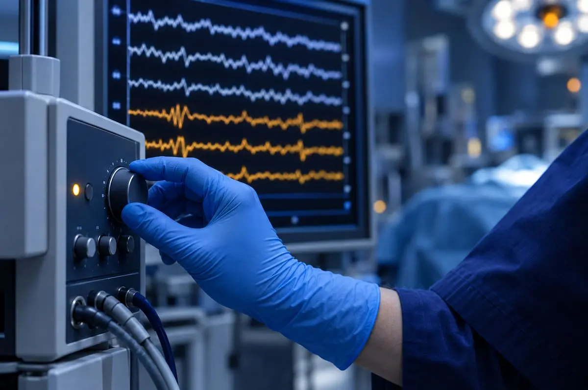 Gloved hand adjusting a neuromonitoring unit in theatre